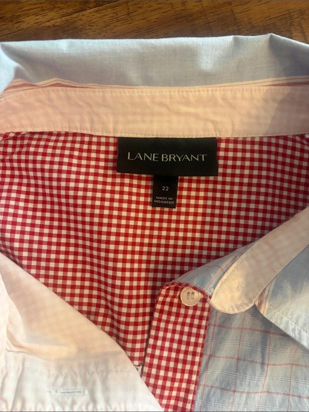 Lane Bryant Patchwork Button-Down Shirt in Light Blue, White & Red Gingham - Picture 2 of 7